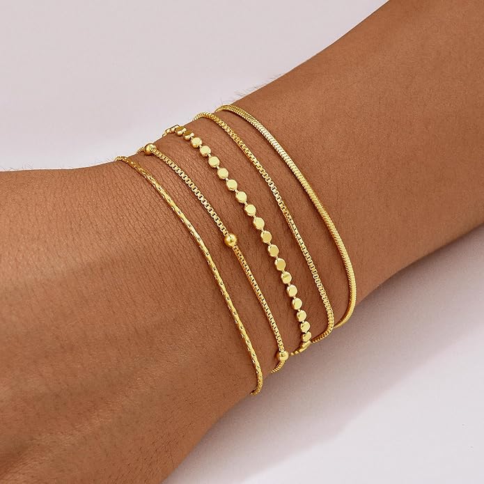 Gold Bracelets for Women, 14K Gold Plated Stackable Bracelet Stack Set Adjustable Charm Paperclip Chain Snake Link Layered Waterproof Jewelry Sets Gifts