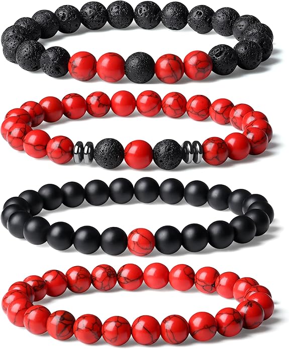 XIANNVXI Natural Stone Beads Bracelet for Men Crystal Bracelets 8MM Tiger Eye Lava Rock Obsidian Beaded Bracelet Set Black/Red/Blue Crystal Beaded Bracelets for Men