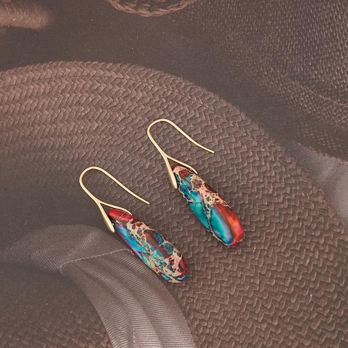 Natural Healing Stone Fishhoop Dangle Drop Earrings Statement Gold silver earrings