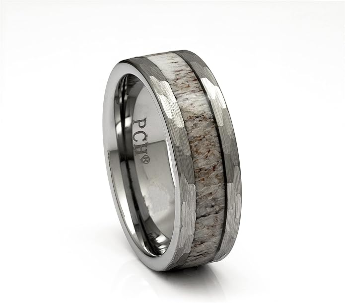 Men's Tungsten Deer Antler With Ring Hammered Finish 8mm Comfort Fit Wedding Band
