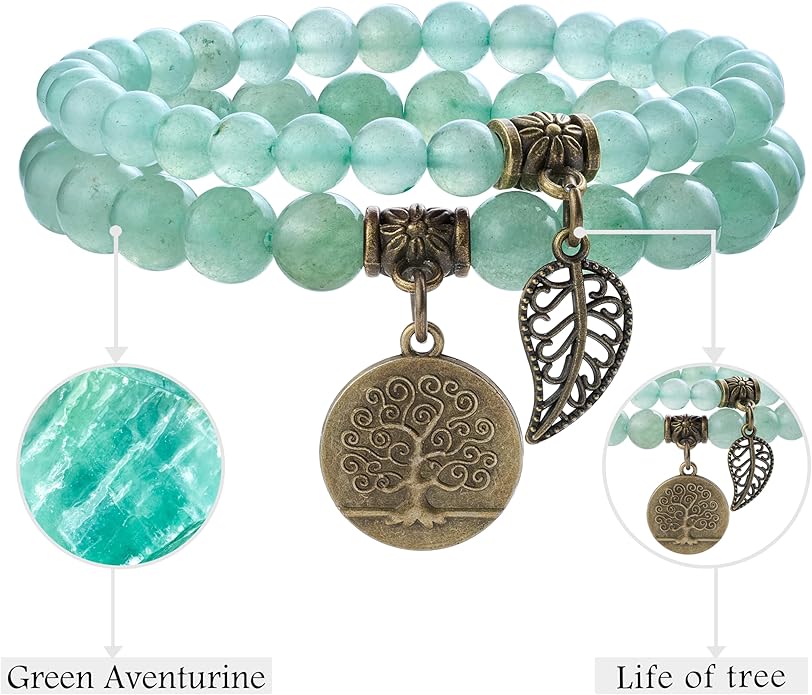 Bivei Natural Semi Precious Gemstone beads bracelet for women - Life Tree and Leaf Charm Energy Reiki Crystal Stretch Bracelets