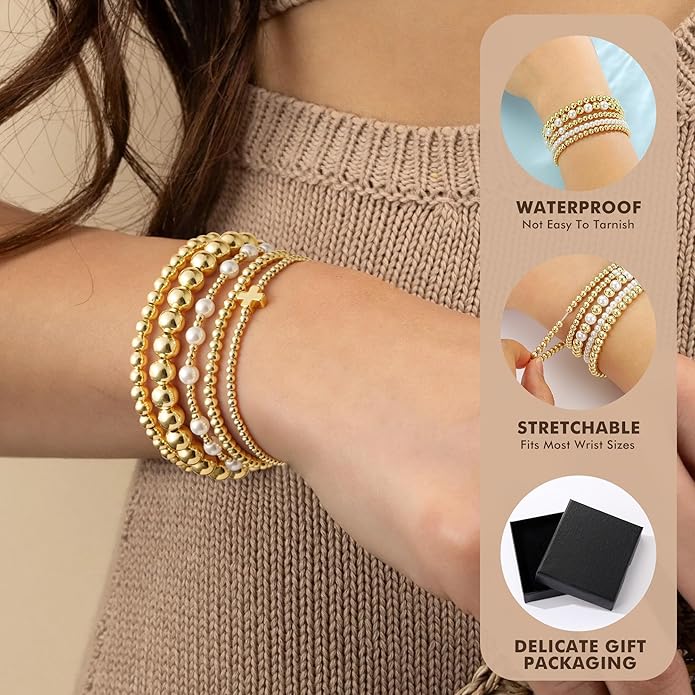Yoosteel Valentines Day Gifts for Her Kids Teen Girl - 14K Gold Plated Dainty Round Beaded Ball Pearl Cross Bracelet Stack Set for Women Trendy Non Tarnish Teenage Girls Stackable Jewelry Gift