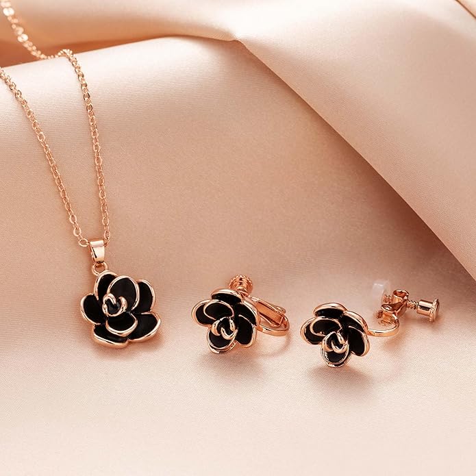 Dainty Rose Flower Pendant Necklace Clip On Earrings Set for Women 14K Gold Plated Hypoallergenic Jewelry Sets