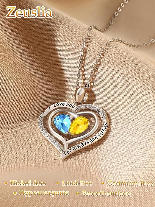 Valentine's Day Gifts for Wife 925 Sterling Silver Double Birthstone Pendant Necklaces I Love You for Always and Forever Necklace Anniversary Birthday Gifts for Wife Girlfriend Mom Her