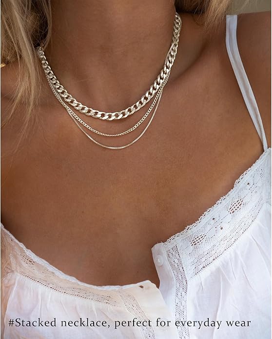 3PCS Gold Necklaces for Women,Chunky Statement Gold Plated Necklace Stack Layered Sterling Silver Herringbone Chains for Women Dainty Trendy Silver Chains Stacked Jewelry Gifts