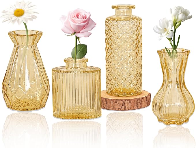 Set of 4 Glass Bud Vase Set, Small Vintage Clear Flower Vase Centerpieces by HAISIWLKJ