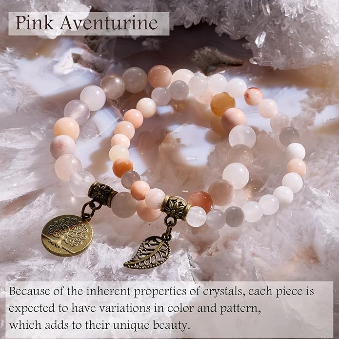 Bivei Natural Semi Precious Gemstone beads bracelet for women - Life Tree and Leaf Charm Energy Reiki Crystal Stretch Bracelets