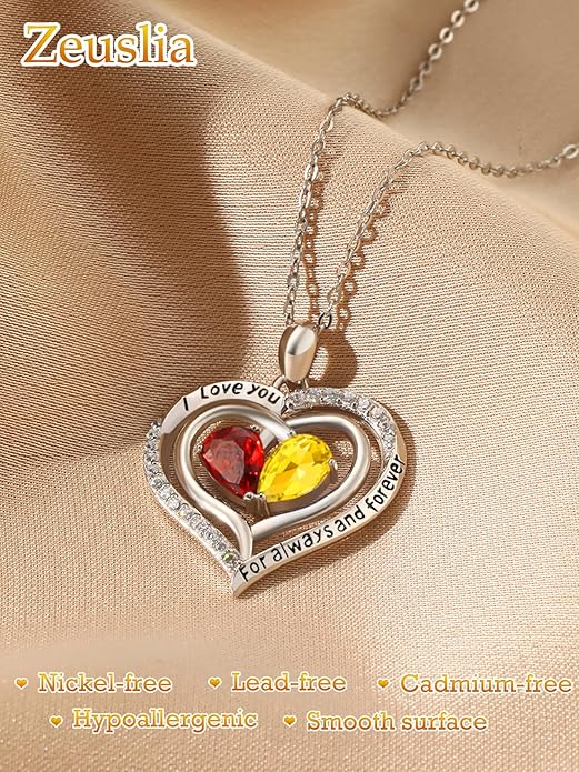 Valentine's Day Gifts for Wife 925 Sterling Silver Double Birthstone Pendant Necklaces I Love You for Always and Forever Necklace Anniversary Birthday Gifts for Wife Girlfriend Mom Her
