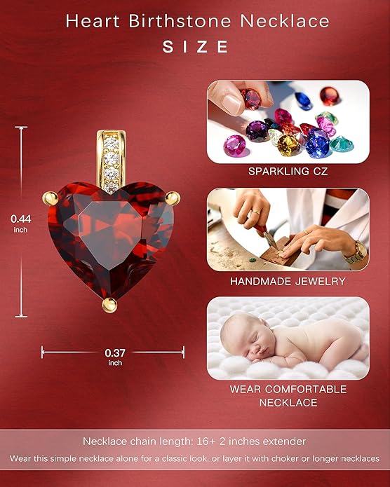 Genuine Birthstone Necklace for Women, Heart Love Necklace, Birthday Gifts for Her
