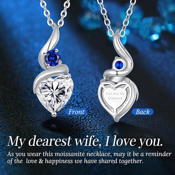 ANDSO Valentine's Day Gift Moissanite Heart Pendant Necklaces for Women, 925 Sterling Silver Necklace with Birthstone, Ideal Anniversary Present or Birthday Jewelry Gifts for Mom Wife Her Girlfriend