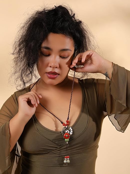 MINACHI Vintage Bohemian Colorful Ceramic Bead Antique Flower Y Necklace, Vintage Boho Hippie Statement Jewelry Gift for Women