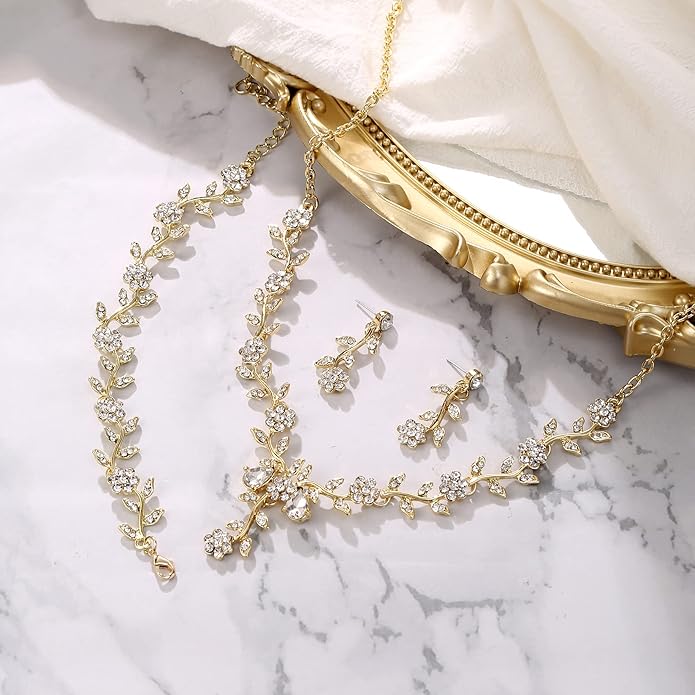 BriLove Women's Wedding Jewelry Leaf Cluster Flower Crystal Dangle Earrings Pendant Necklace Set for Bridal