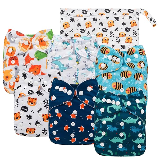 Babygoal Cloth Diaper Covers 6 Pack+Wet Bag for Fitted Diapers and Prefolds with Double Gussets, Adjustable and Reusable for Baby Boys 6DCF08