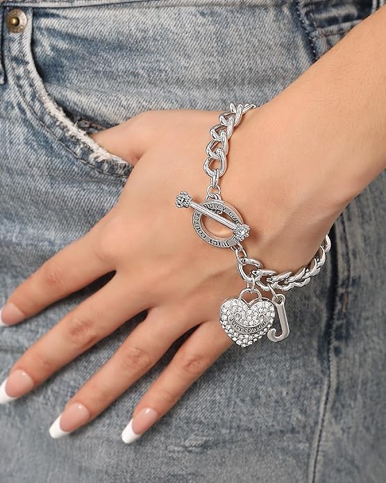 Juicy Couture Bracelet 7-7.5", Goldtone Heart Charm and Toggle Bracelets for Women, Juicy Jewelry