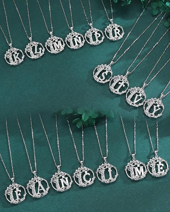 FANCIME Tree of life Initial necklaces for women, Sterling Silver Tree Jewelry Simulated Diamond Letter Pendant Cubic Zirconia CZ Personalized Birthday Mothers Day Gifts for Mom Wife Her