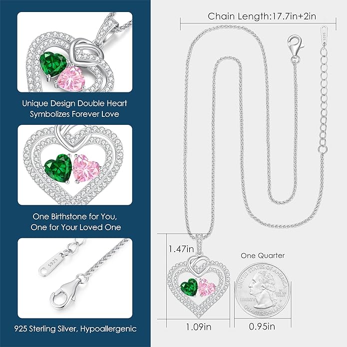 LOUISA SECRET Sparkling Double Heart Birthstone Necklaces for Women, 925 Sterling Silver Fine Jewelry, Pendant Heart Necklaces Birthday Anniversary Christmas Gift for Women Wife Mom Girlfriend Lady