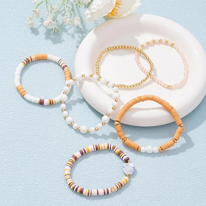 Heishi Beaded Stretch Bracelets for Women Stackable Polymer Clay Beads Bracelets Friendship Boho Summer Beach Bracelet Jewelry Set
