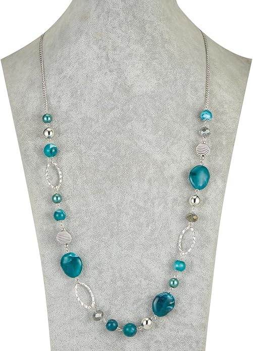 BULINLIN Beaded Long Necklace for Women Silver Sweater Chain Necklace with Crystal Resin Beads, Fashion Jewelry Necklace