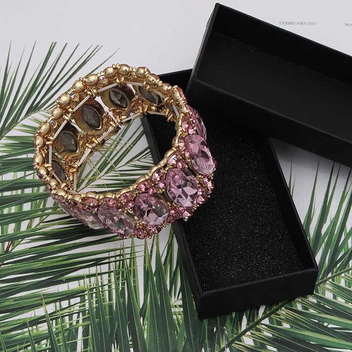 Women’s Elegant Wedding Bridal Crystal Double Row Marquise-Shape Leaf Stretch Bangle Bracelet Bride Jewelry for Women