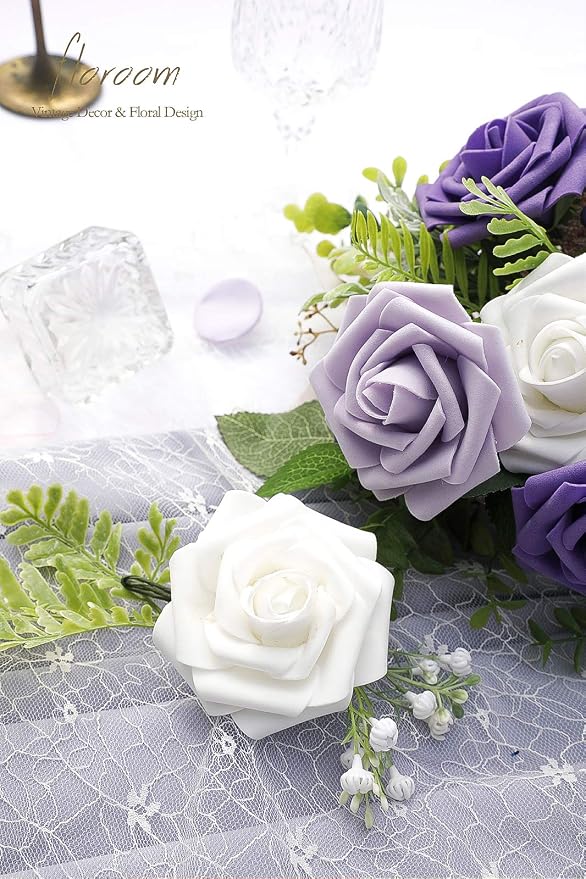 Artificial Flowers 25pcs Real Looking Violet Purple Ombre Colors Foam Fake Roses - Image 6