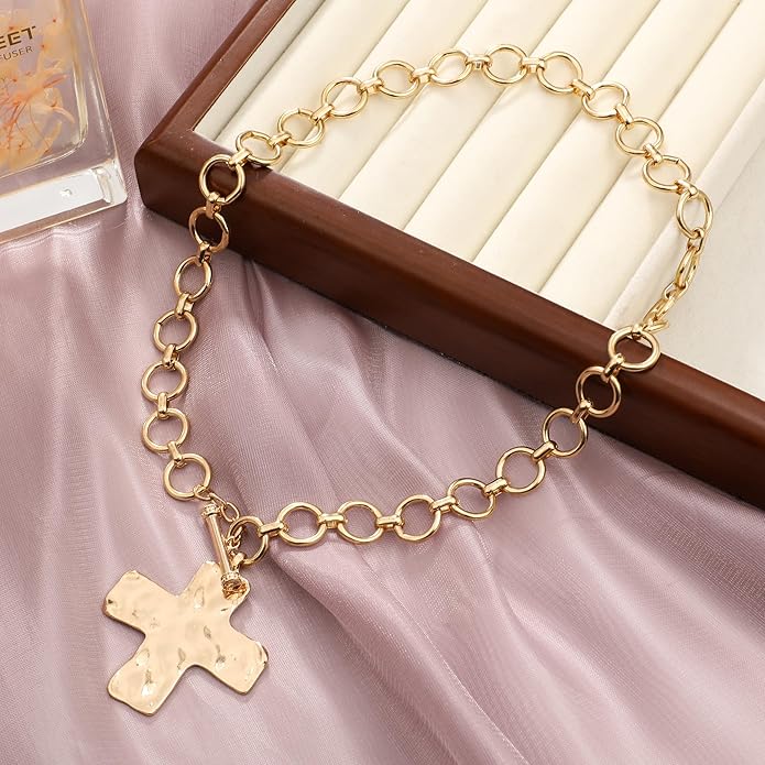 MQV Chunky Statement Gold Hammered Bold Cross Necklace Thick Chain Vintage Chain Pendant Jewelry