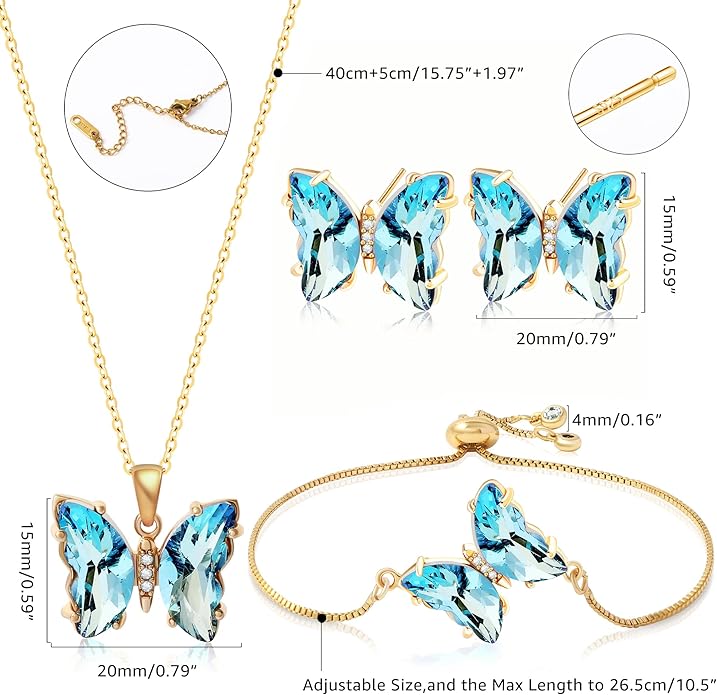 MISS RIGHT Butterfly Crystal Jewelry Set with Butterfly Necklace Stud Earrings Bolo Bracelet Adjustable Ring for Women Trendy, Iridescent Y2K Dainty Butterfly Jewelry Gifts