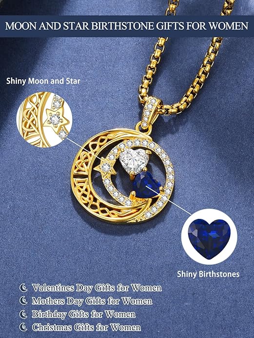 14K Gold Moon and Star Necklace Gifts for Women - Double Heart Birthstone Necklace, Valentines Wedding Anniversary Birthday Gifts for Her Wife Mom Daughter Grandma Sister