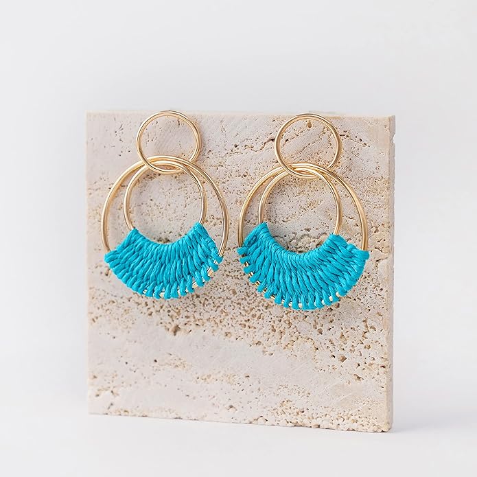 Raffia Hoop Earrings for Women Fun Boho Summer Beach Earrings Lightweight Handmade Straw Wicker Rattan Dangle Earrings Statement Geometric Round Drop Earrings