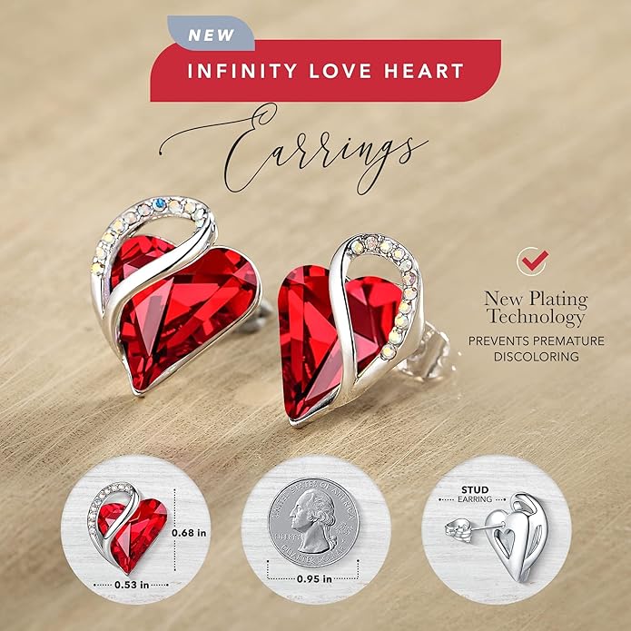 Leafael Infinity love Heart Birthstone Stud Earrings for Women, Valentine's Day Gifts for Mom, Wife, and Her, Silver Plated Birthday Jewelry