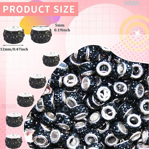 100Pcs Rhinestone Large Hole Beads Spacer Beads Black European Craft Big Beads Large Hole Rhinestones Lampwork Murano Bead Fairy Wand Garden Beads for DIY Bracelet Necklace Jewelry Making Supplies