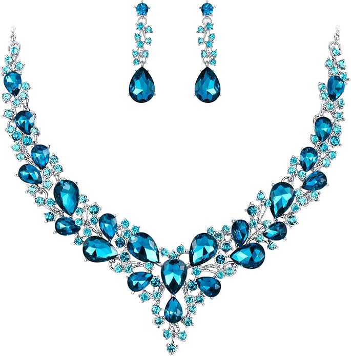 BriLove Women's Wedding Bridal Austrian Crystal Teardrop Cluster Statement Necklace Dangle Earrings Jewelry Set