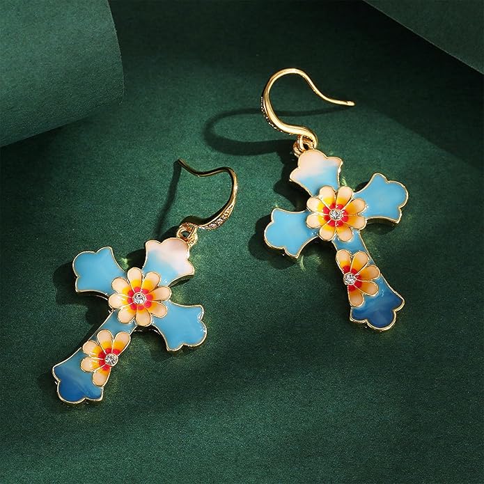 Flower Cross Dangle Earrings for Women, Gold Enamel Hypoallergenic Jewelry