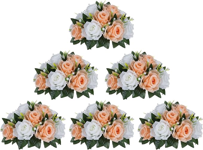 BLOSMON Rose Flower Balls Centerpieces: 6pcs Peach Fuzz Artificial Flowers | by Blosmon