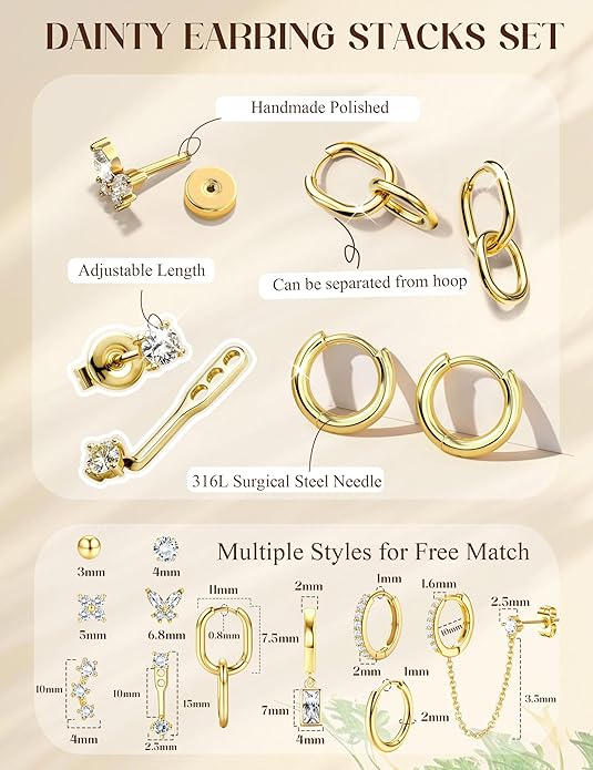 HAIAISO Small 14K Gold Plated Huggie Hoop Earrings for Women Lightweight Double Piercing Chain Earrings Dainty Stud Earrings Hypoallergenic 14K Gold Plated Hoop Earrings Set