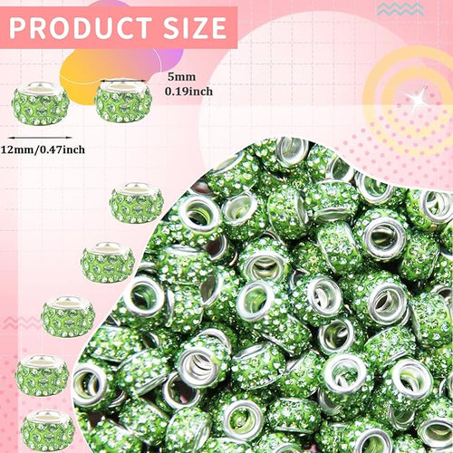 100Pcs Rhinestone Large Hole Beads Spacer Beads Green European Craft Big Beads Large Hole Rhinestones Lampwork Murano Bead Fairy Wand Garden Beads for DIY Bracelet Necklace Jewelry Making Supplies