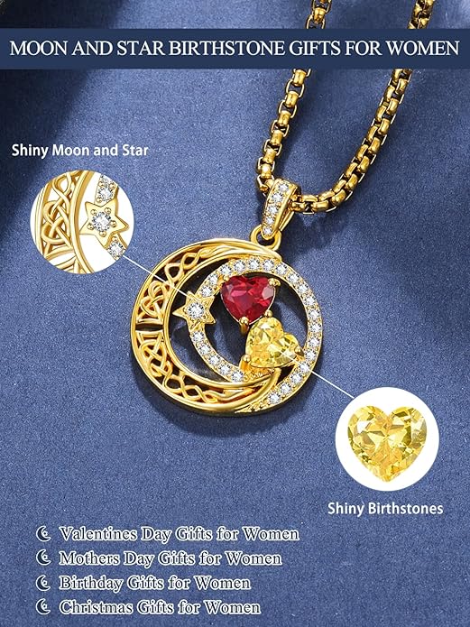 14K Gold Moon and Star Necklace Gifts for Women - Double Heart Birthstone Necklace, Valentines Wedding Anniversary Birthday Gifts for Her Wife Mom Daughter Grandma Sister