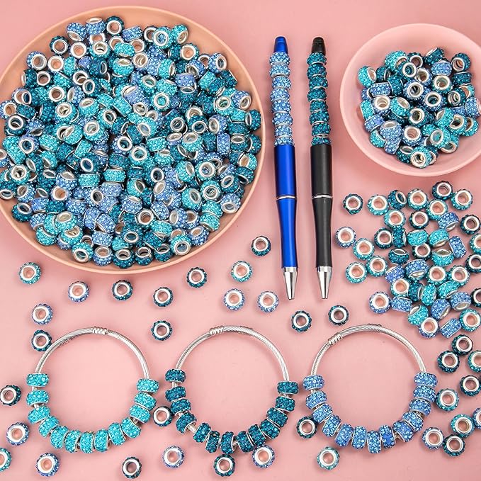 200 Piece Zyehxed Blue European Craft Beads - Large Hole Rhinestone Lampwork Fairy Garden Beads for DIY Charms Bracelet Necklace Earring Jewelry Making