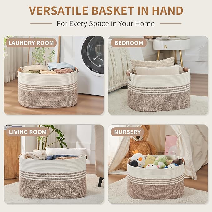 Laundry Hamper with Handles, 72L Rope Laundry Basket, Light Brown | Cotton rope - Image 4