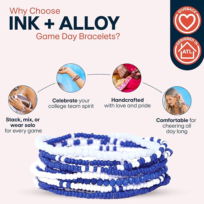 INK + ALLOY Game Day Bracelet Stacks, Beaded Bracelets for Football Gameday Outfits, Handmade Jewelry for College Students, Teachers, Football Moms, Set of 10