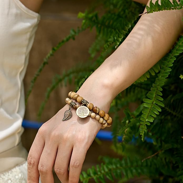 Bivei Natural Semi Precious Gemstone beads bracelet for women - Life Tree and Leaf Charm Energy Reiki Crystal Stretch Bracelets