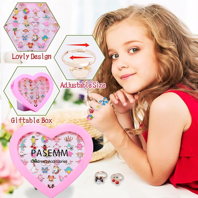 36pcs Little Girl Jewel Rings, Adjustable Unicorn Rings Toys, No Duplication Kids Play Ring in Box,Dress Up for 4-12 Year Old Girls, Birthday Christmas Valentine's Day Holiday Gifts