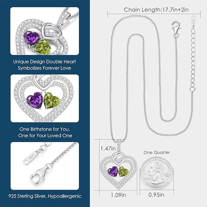 LOUISA SECRET Sparkling Double Heart Birthstone Necklaces for Women, 925 Sterling Silver Fine Jewelry, Pendant Heart Necklaces Birthday Anniversary Christmas Gift for Women Wife Mom Girlfriend Lady