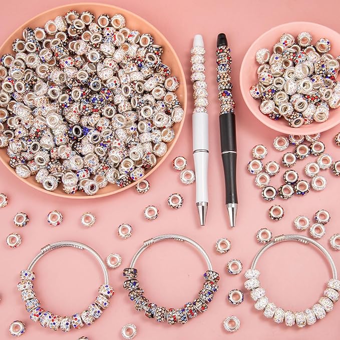 200 Pieces European Large Hole Spacer Beads, Colour European Craft Beads Rhinestone Lampwork Beads Fairy Garden Beads for DIY Charms Bracelet Necklace Earring Jewelry Making Supplies