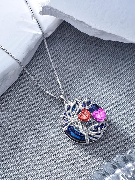 TOUPOP s925 Sterling Silver Family Celtic Tree of Life Pendant Necklaces with 2 Heart Birthstone with Blue Austrian Crystal Jewelry Birthday Valentines Day Gifts for Her, Anniversary Christmas Gifts for Wife Girlfriend Mom (18K Real White Gold Filled)