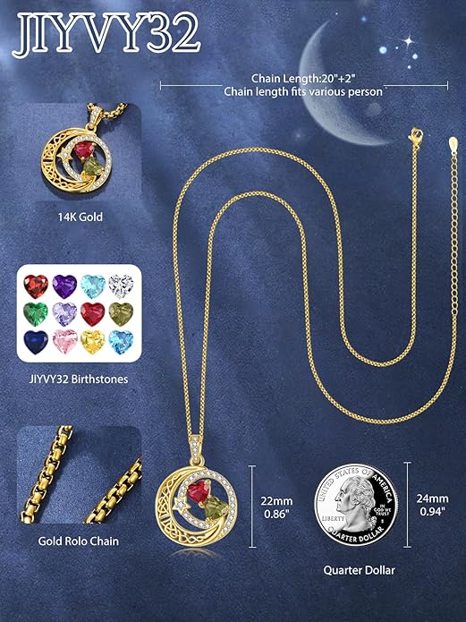 14K Gold Moon and Star Necklace Gifts for Women - Double Heart Birthstone Necklace, Valentines Wedding Anniversary Birthday Gifts for Her Wife Mom Daughter Grandma Sister