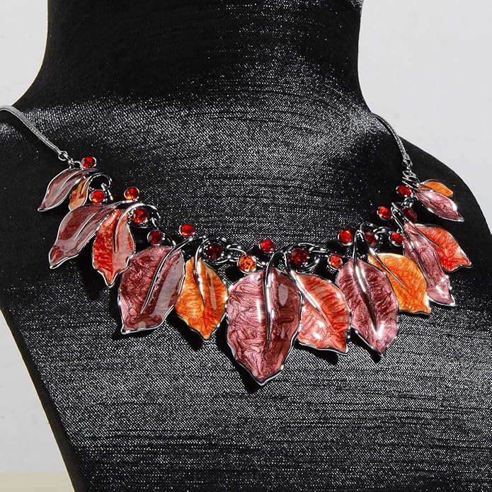 AMYJANE Vintage Statement Jewelry Set - Spring Leaf Flower Floral Plant Necklace Earring Set Crystal Rhinestone Fashion Costume Jewelry for Women Prom Party Unique Gift
