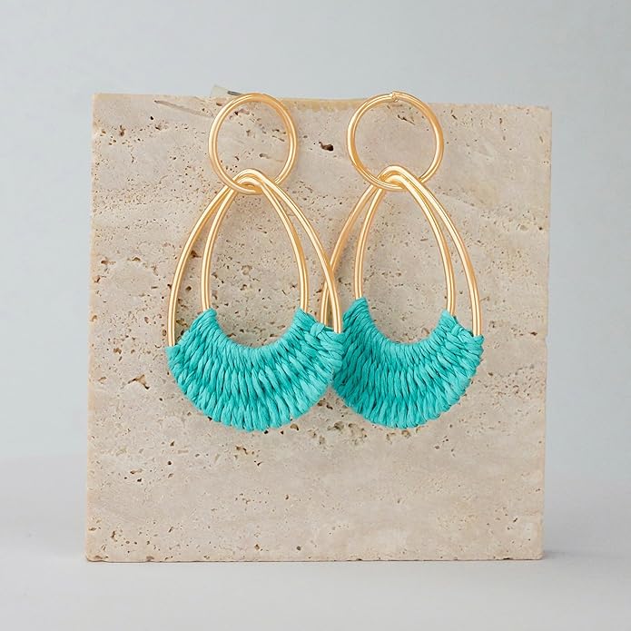 Raffia Hoop Earrings for Women Fun Boho Summer Beach Earrings Lightweight Handmade Straw Wicker Rattan Dangle Earrings Statement Geometric Round Drop Earrings
