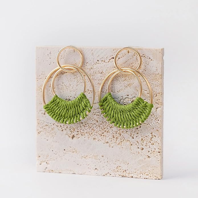 Raffia Hoop Earrings for Women Fun Boho Summer Beach Earrings Lightweight Handmade Straw Wicker Rattan Dangle Earrings Statement Geometric Round Drop Earrings