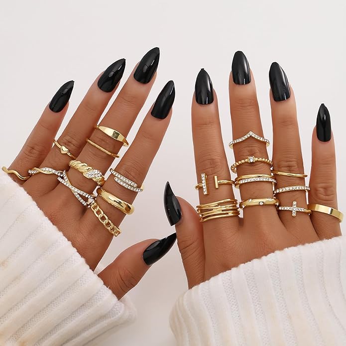 KISS WIFE Goldenen Silvery Black Kunckle Rings Set for Women, Dainty Simple Trendy Cute Stackable Finger Rings Pack, Perfect for Stacking Layering on Thumb and Knuckle, Mixed Size, Jewelry Gift