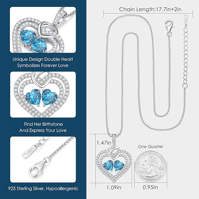 LOUISA SECRET Sparkling Double Heart Birthstone Necklaces for Women, 925 Sterling Silver Fine Jewelry, Pendant Heart Necklaces Birthday Anniversary Christmas Gift for Women Wife Mom Girlfriend Lady